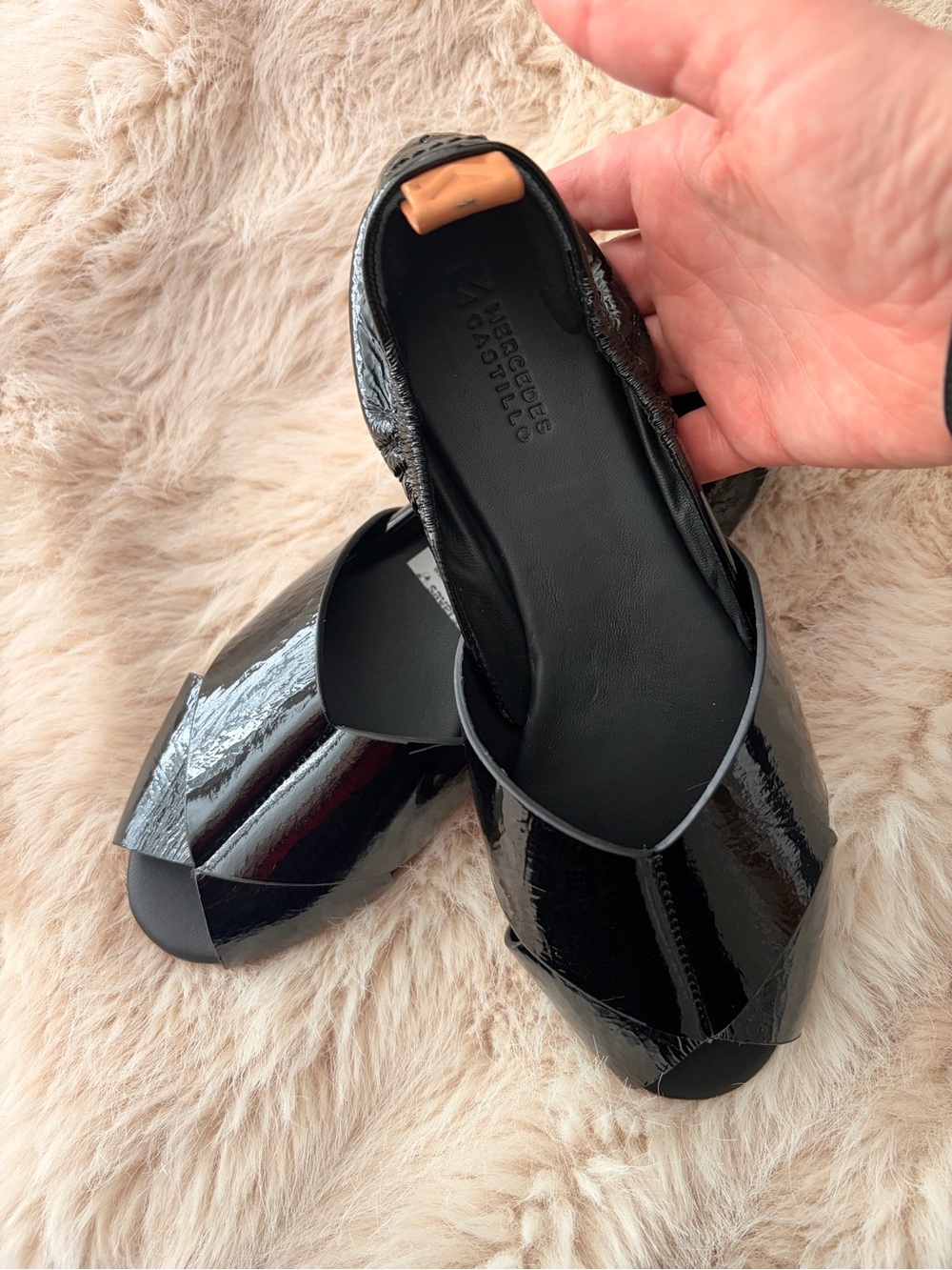 MERCEDES CASTILLO Black Patent Crisscross Peep-Toe Mules with Tan Heel Tab - Picture 6 of 9